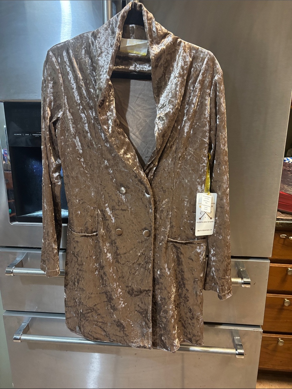 Crushed Velvet Long Blazer Dress in Brown - Classic Shawl Collar